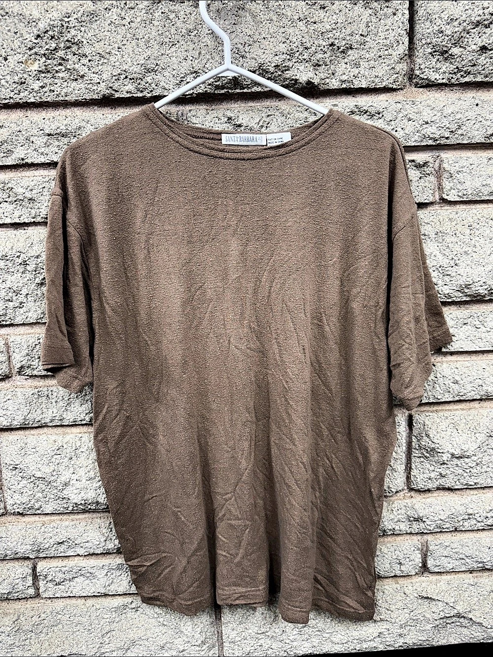 Santa Barbara 100% Silk Brown Taupe Relaxed Short Sleeve Top L